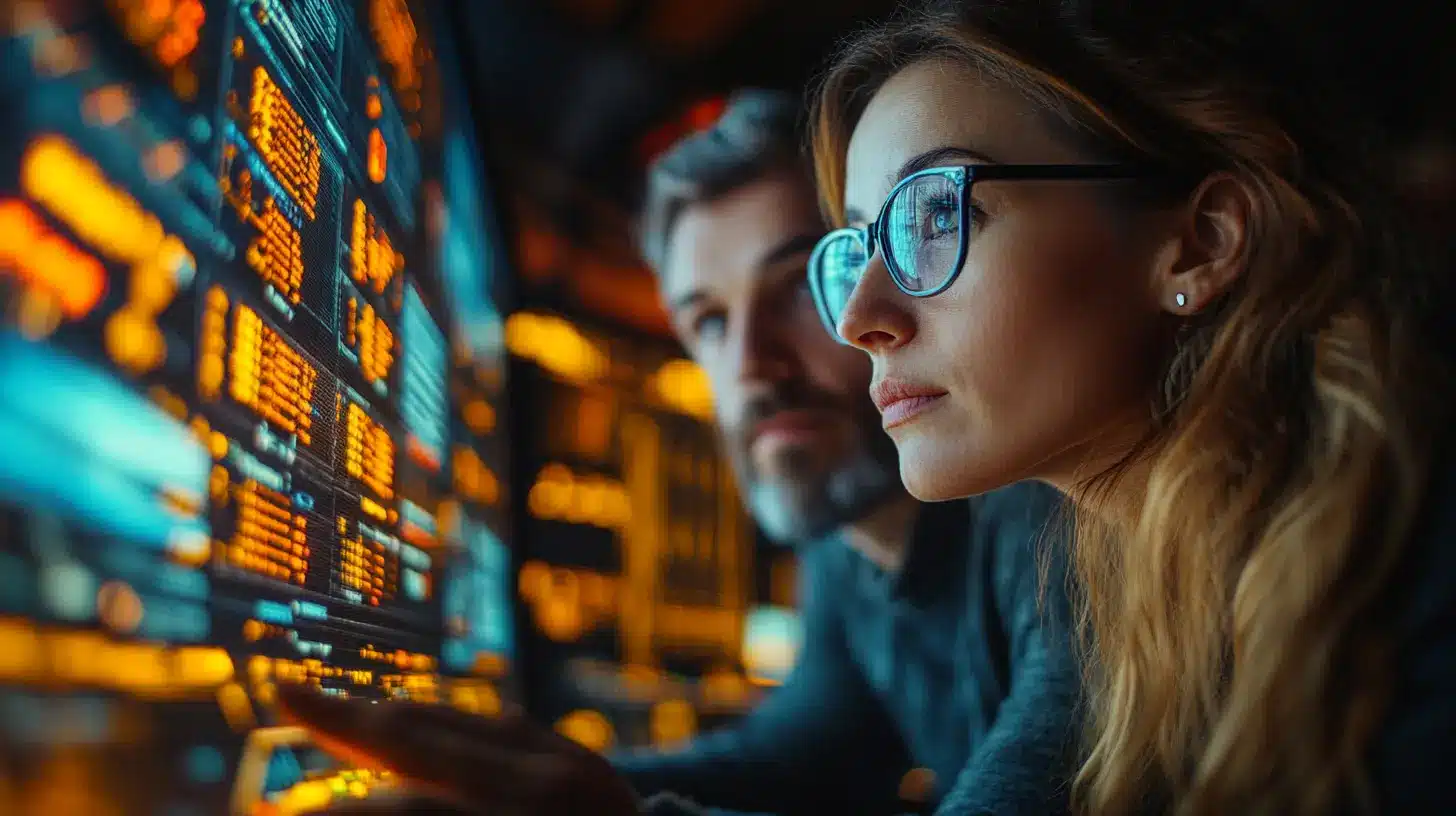 Deux experts en cybersécurité travaillant sur des larges écrans de coding illustrant le processus d'un scan de vulnérabilité.