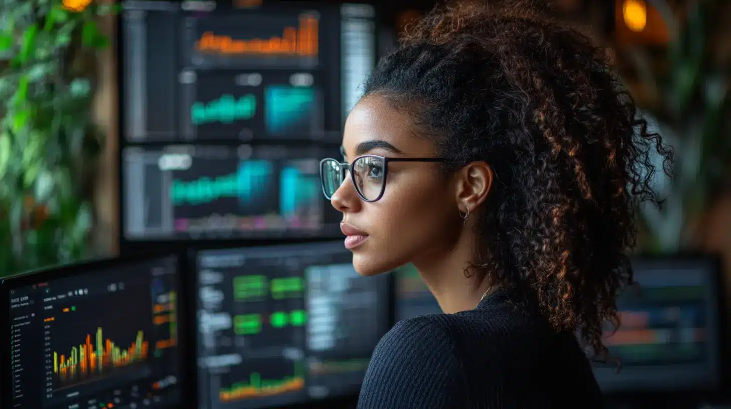 Consultante professionnelle analysant des données sur plusieurs écrans affichant des tableaux de bord et des graphiques analytiques en temps réel, représentant un flux complexe de type 'Salesforce Spaghetti Flow', dans un environnement de bureau moderne et lumineux.