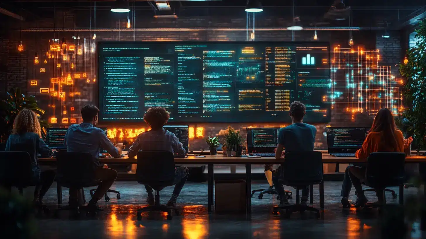 Une équipe de développeurs et d'ingénieurs en informatique collaborant au débogage d'un système complexe. Ils sont réunis devant une immense interface contenant du code, des logs et des visualisations de données. L'ambiance de l'espace de travail est moderne et technologique, avec des lumières tamisées et des écrans illuminés.