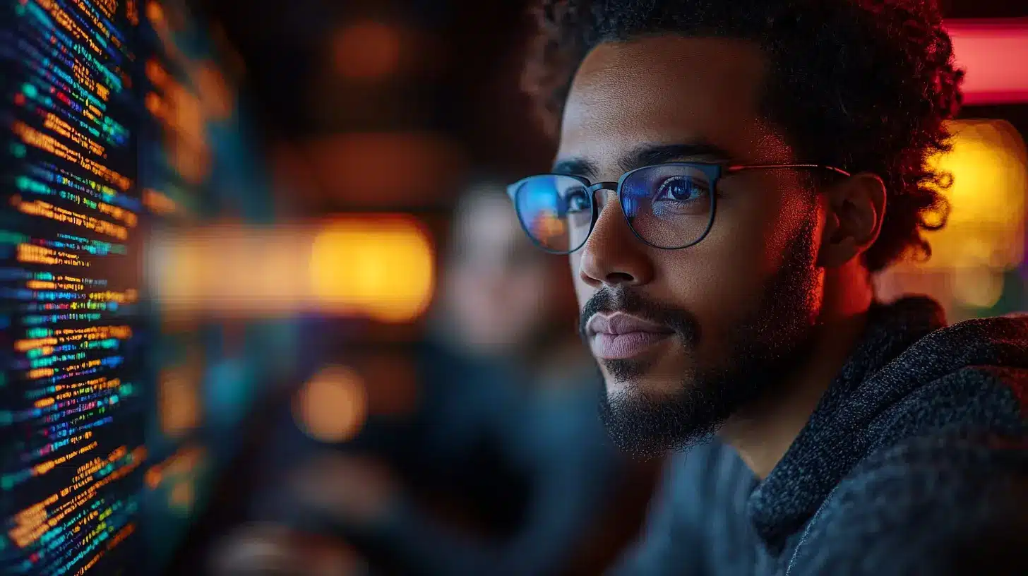 Un ingénieur logiciel concentré sur le débogage de code complexe. Son regard attentif se reflète dans les lignes de code colorées affichées sur un grand écran, symbolisant l'analyse et la résolution de problèmes techniques. 