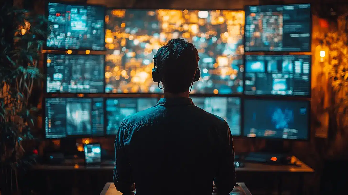 Vue de dos sur un expert en cybersécurité travaillant sur plusieurs écrans affichant des données complexes représentant un scan de vulnérabilité.