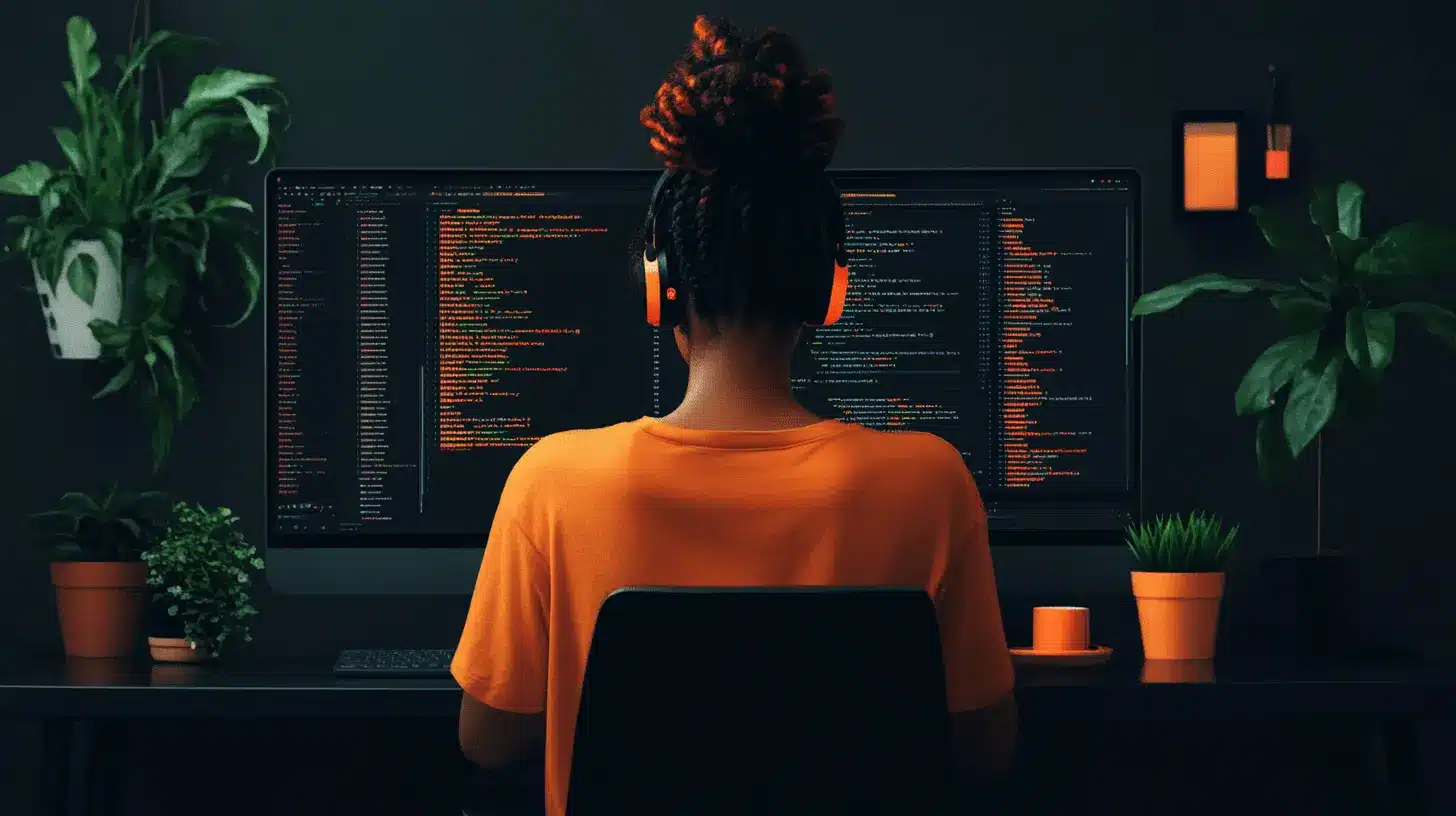 Une développeuse travaille sur plusieurs écrans affichant du code, dans un environnement de bureau calme et décoré de plantes vertes. Elle porte un casque audio et un t-shirt orange, concentrée sur la programmation. Ce cadre évoque des concepts liés à l'architecture logicielle, comme l'event sourcing.
