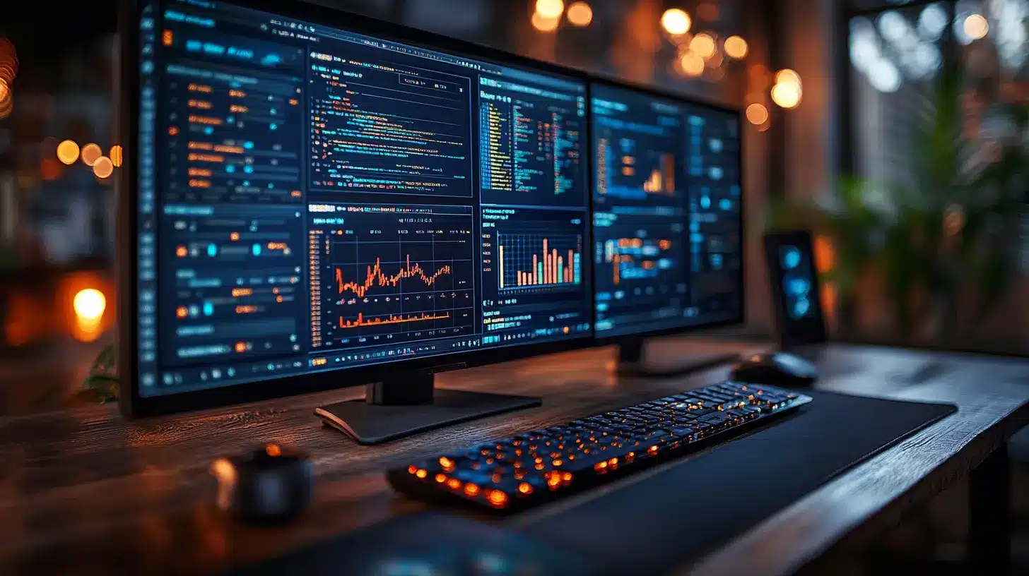 Un bureau de développeur avec plusieurs écrans affichant des graphiques, des données et du code, dans un environnement tamisé. Cette configuration est idéale pour surveiller des flux d’événements en temps réel, notamment dans le cadre de l'event sourcing.