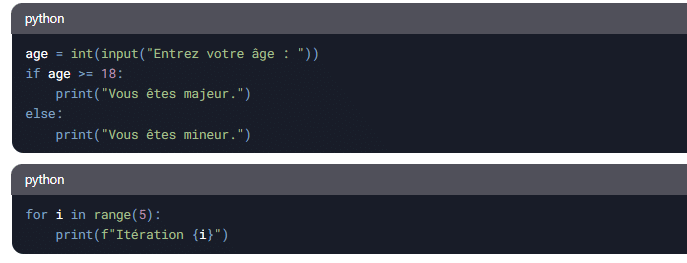 Exemples de code Python utilisés dans un cours sur Python, illustrant une condition if-else pour vérifier l'âge d'un utilisateur et une boucle for pour afficher des itérations.