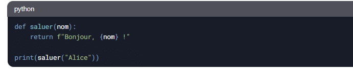 Exemple de fonction en Python utilisée dans un cours sur Python, illustrant la définition et l’appel d’une fonction pour afficher un message personnalisé.