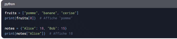 Exemple de code Python issu d'un cours sur Python, illustrant l'utilisation des listes et des dictionnaires pour stocker et accéder à des données.