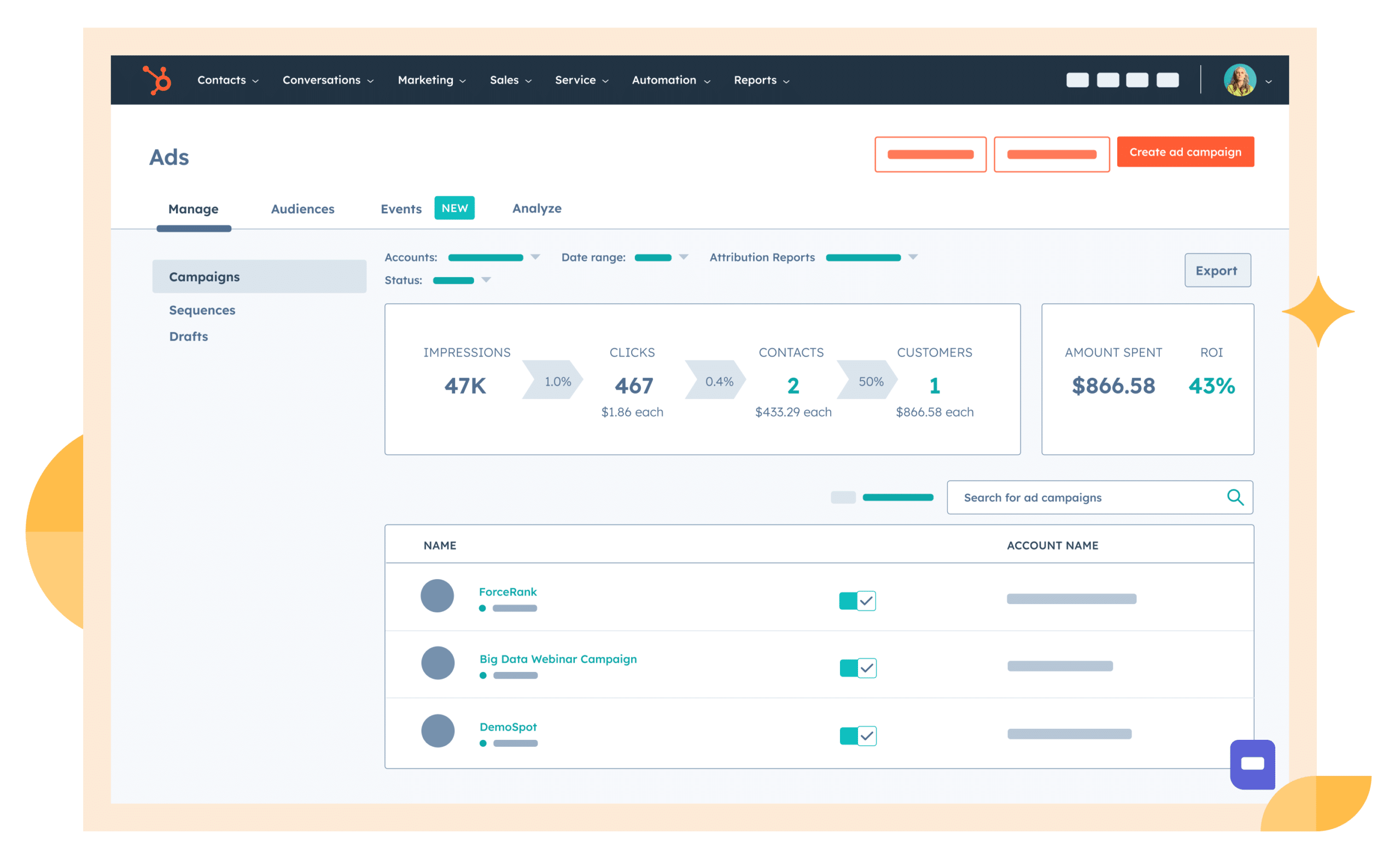 Capture d’écran du tableau de bord publicitaire dans HubSpot CRM, affichant les statistiques de performances des campagnes marketing : impressions, clics, taux de conversion, ROI, dépenses publicitaires et génération de leads. Interface utilisée pour gérer et analyser les campagnes Facebook, Google ou LinkedIn Ads via HubSpot Marketing Hub.