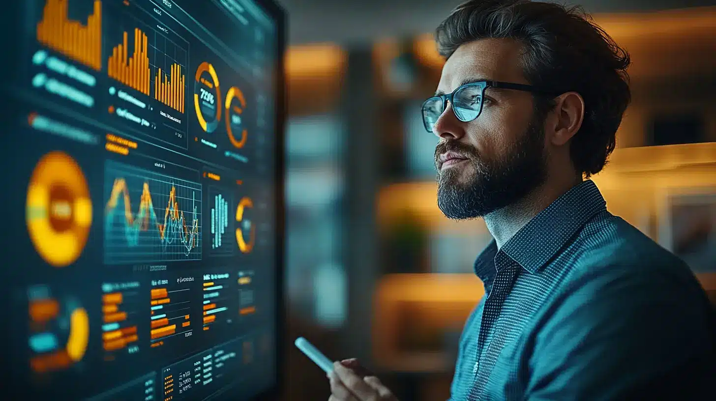 Un analyste business concentré devant un grand écran affichant des tableaux de bord interactifs, des graphiques et des indicateurs de performance clés. L’éclairage tamisé et l’arrière-plan flou créent une ambiance professionnelle et moderne. L’analyste, stylet en main, analyse les données pour optimiser la prise de décision et améliorer la stratégie d’entreprise, illustrant l’importance de la business analytics.