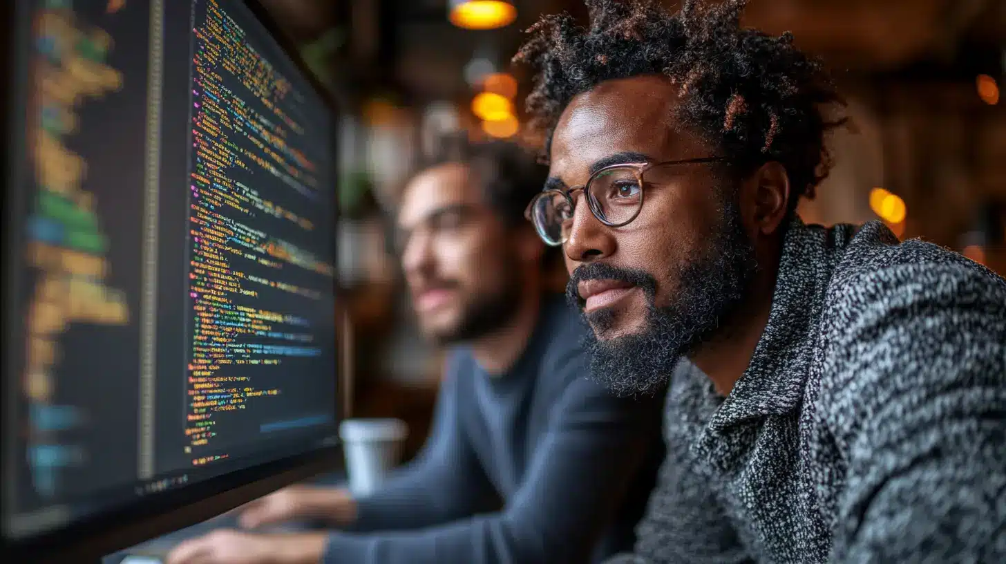 Deux développeurs web concentrés sur l’écran, analysant le code d’une API en cours de développement. Le moniteur affiche des lignes de code colorées représentant des endpoints et des requêtes HTTP. L’atmosphère collaborative et inspirante reflète le processus technique et créatif nécessaire pour créer une API efficace et sécurisée.