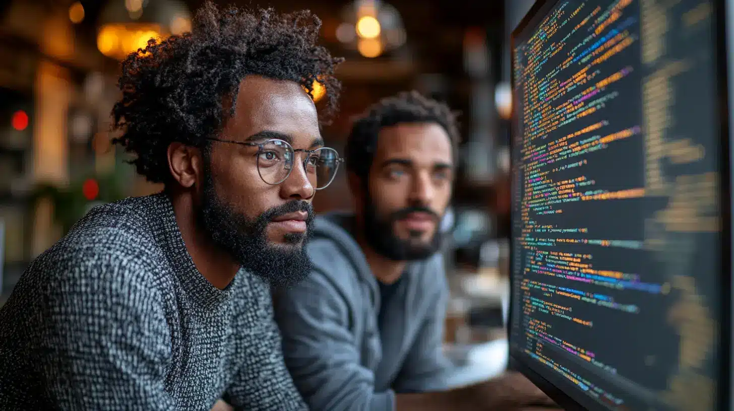 Deux développeurs web analysant du code sur un écran, collaborant pour créer une API performante. L’environnement moderne et inspirant reflète l’univers du développement logiciel, où la conception d’API joue un rôle clé dans la communication entre applications. L’image illustre la rigueur et la créativité nécessaires pour coder des interfaces robustes et sécurisées.