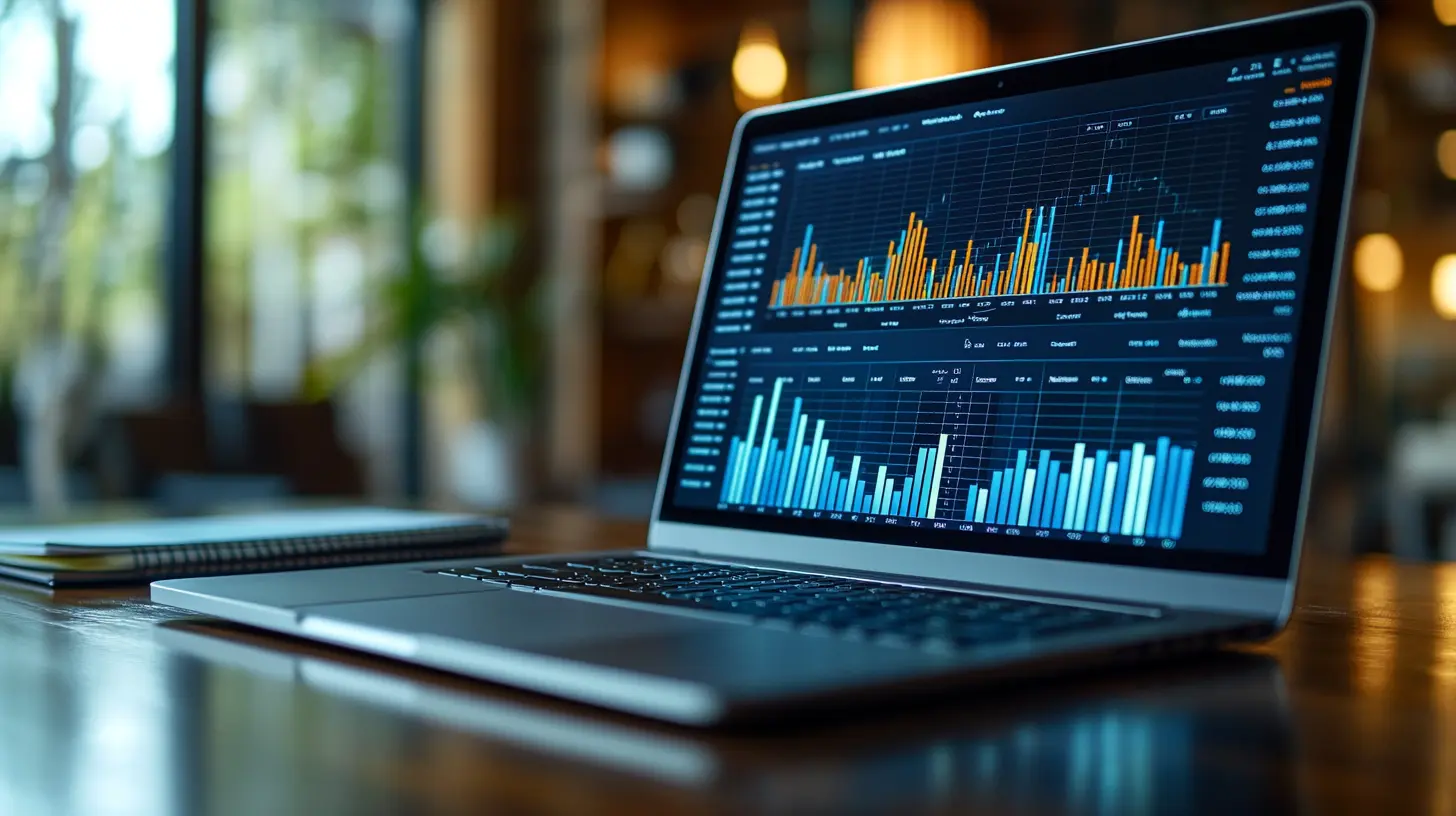 Gros plan sur un ordinateur portable affichant un tableau de bord d’analyse de données avec des graphiques et des indicateurs de performance clés. L’écran met en avant des tendances financières et des statistiques en temps réel, illustrant l’importance de la business analytics dans la prise de décision stratégique. L’arrière-plan est flou, suggérant un environnement de travail moderne et lumineux.