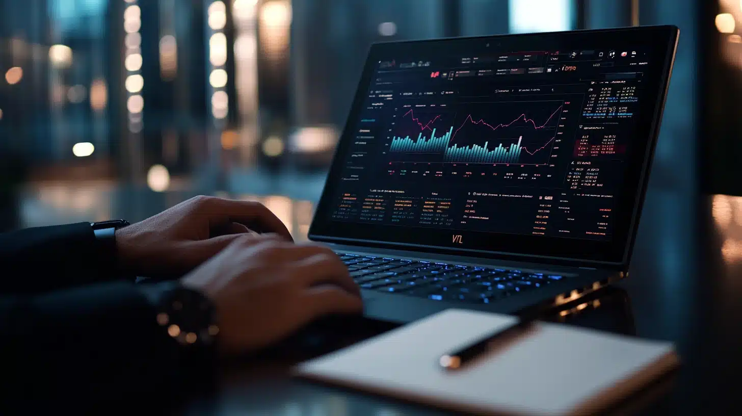 Gros plan sur les mains d’un analyste de données tapant sur un ordinateur portable affichant un tableau de bord interactif avec des graphiques et des courbes d’analyse de données. L’écran met en avant des indicateurs de performance et des tendances visuelles, illustrant les compétences essentielles d’un Data Analyst en gestion et interprétation des données. L’ambiance est professionnelle, avec un éclairage tamisé et une vue sur un bureau moderne en arrière-plan.