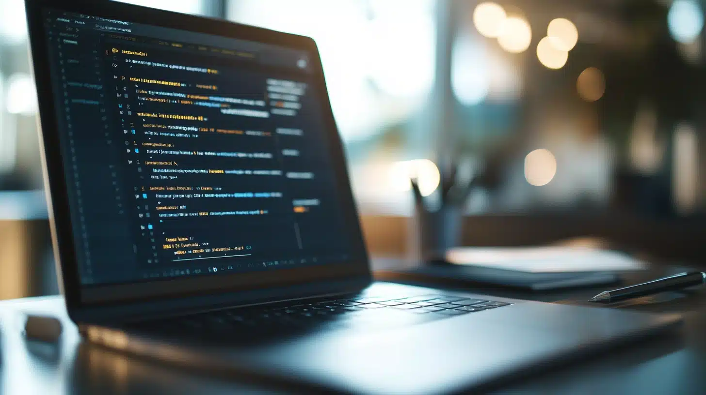 Gros plan sur un écran d’ordinateur portable affichant du code et des instructions de Prompt Engineering. L’environnement est calme et professionnel, avec un carnet et un stylo posés à côté. L’éclairage naturel crée une atmosphère propice à la concentration.