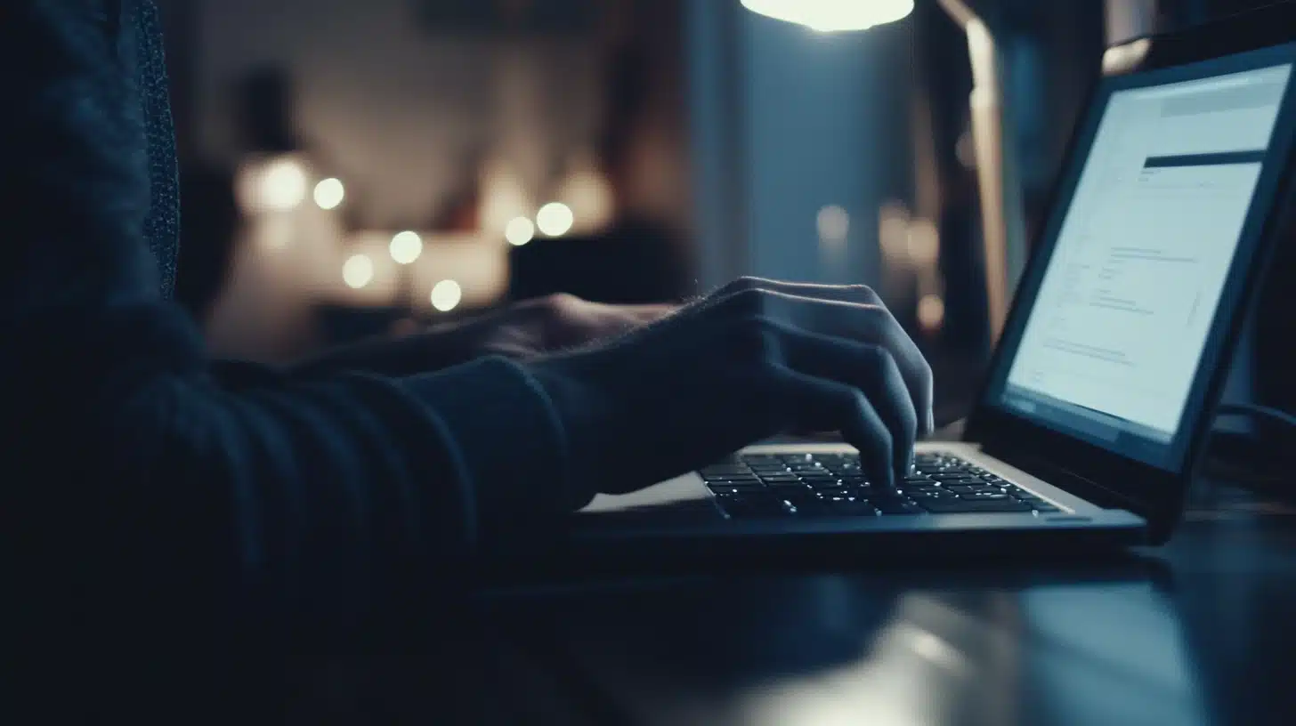 Plan rapproché d’un professionnel travaillant sur le Prompt Engineering tard dans la nuit. Ses mains tapent sur le clavier d’un ordinateur portable affichant une interface de génération de texte par IA. L’éclairage tamisé et l’ambiance feutrée du bureau soulignent la concentration et la précision nécessaires pour optimiser les prompts.