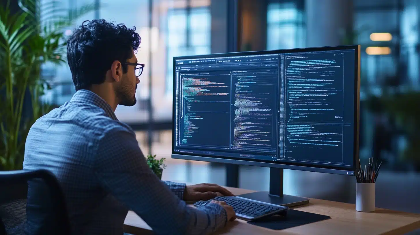 Un ingénieur en Prompt Engineering travaillant sur un double écran, ajustant des lignes de code et des instructions pour une intelligence artificielle. L’environnement de bureau est moderne, avec une lumière naturelle et des plantes en arrière-plan. L’ambiance est professionnelle et propice à la concentration.