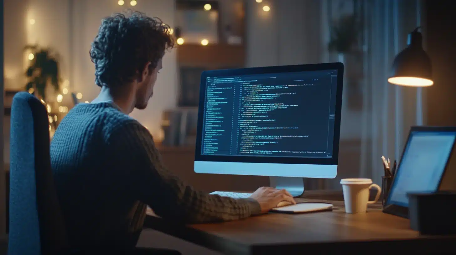 Un jeune développeur assis à un bureau en bois, concentré sur son écran d’ordinateur affichant du code Python. L’ambiance est tamisée avec une lampe de bureau allumée et des lumières décoratives en arrière-plan, suggérant une session d’apprentissage en soirée. Il révise activement pour sa certification Python, avec un carnet de notes et une tasse de café à proximité. L’environnement de travail est moderne et inspirant, propice à l’étude et au perfectionnement en programmation.