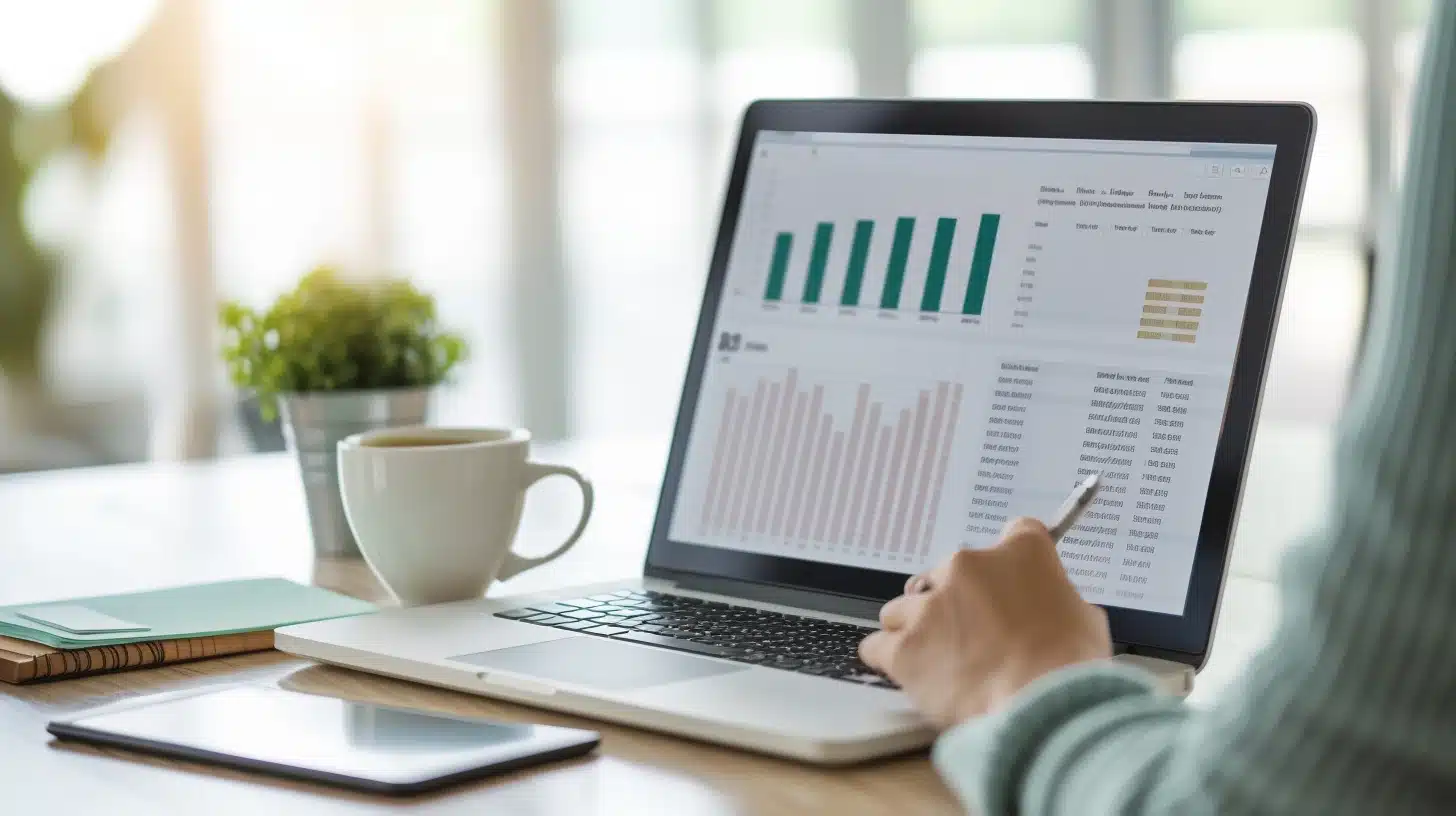 Gros plan sur un analyste de données travaillant sur un ordinateur portable affichant un tableau de bord interactif avec des graphiques et des tableaux chiffrés. La personne utilise un stylet pour analyser les données, illustrant ses compétences en visualisation et en interprétation des tendances. L’environnement de travail est lumineux et moderne, avec une tasse de café et un carnet posés sur le bureau, renforçant une ambiance studieuse et professionnelle.
