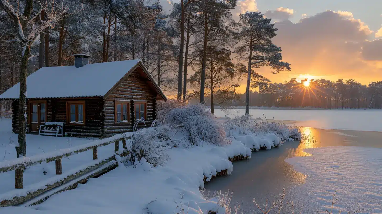 Cabane en bois au bord d’un lac gelé au lever du soleil, visuel généré par IA à l’aide du midjourney prompt engineering pour illustrer une ambiance hivernale paisible.
