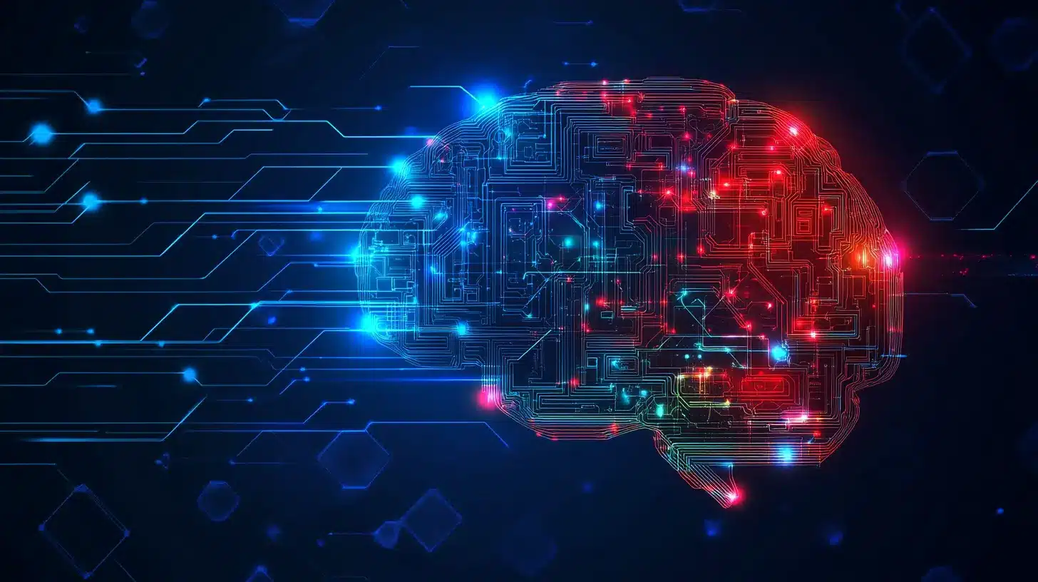 Illustration numérique représentant un cerveau artificiel connecté à un réseau de circuits électroniques. Concept d’intelligence artificielle, Multi Token Prediction, apprentissage automatique et analyse de données. Visualisation du traitement du langage naturel et des flux d’information dans un style cybernétique et futuriste.