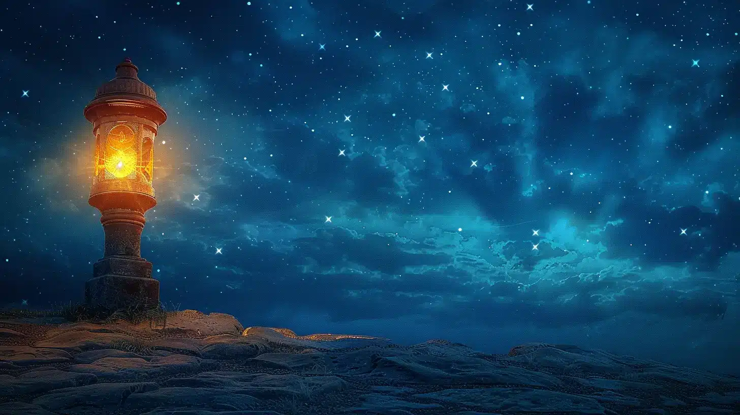 Scène générée par Midjourney montrant une lanterne éclairée sous un ciel étoilé, exemple de visuel réalisé grâce au midjourney prompt engineering pour illustrer une ambiance nocturne mystique.
