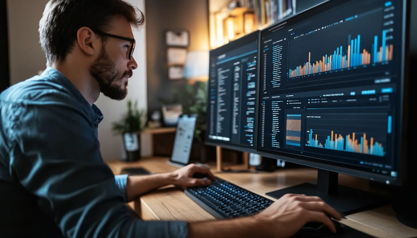 Analyste de données explorant des tableaux de bord interactifs sur double écran, dans le cadre d’un poste occupé après un master Big Data, spécialisé en visualisation et analyse décisionnelle.