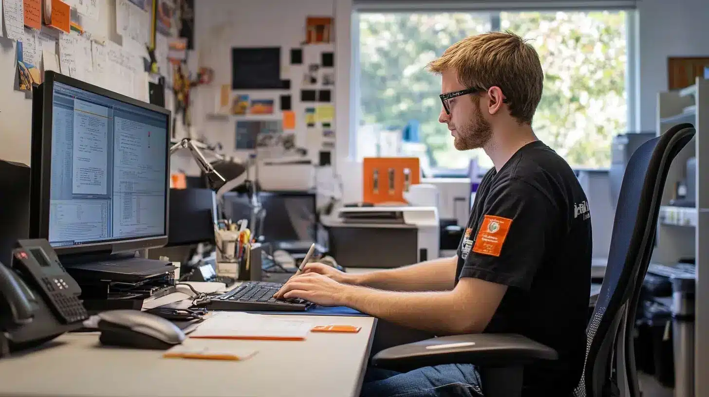 Jeune professionnel en poste après un master Big Data, concentré sur l’analyse de données et l’écriture de scripts techniques dans un bureau moderne.