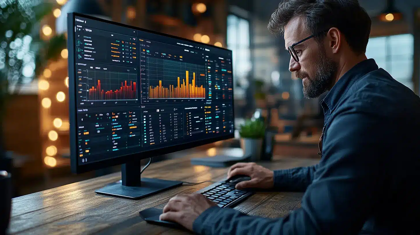 Un analyste en business analytics concentré devant un grand écran affichant des tableaux de bord interactifs avec des graphiques, des indicateurs financiers et des tendances de marché. L’interface présente des données visuelles complexes, illustrant l’importance de l’analyse de données pour la prise de décision stratégique. L’environnement de travail est moderne et chaleureux, avec un éclairage tamisé et une ambiance professionnelle.