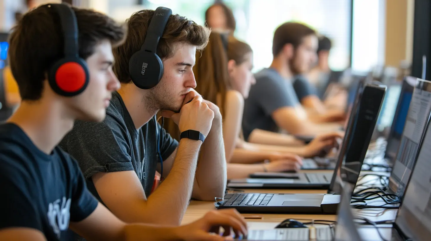 Étudiants concentrés en salle informatique suivant une formation intensive de type master Big Data, travaillant sur des projets de data science avec ordinateurs portables et casques.