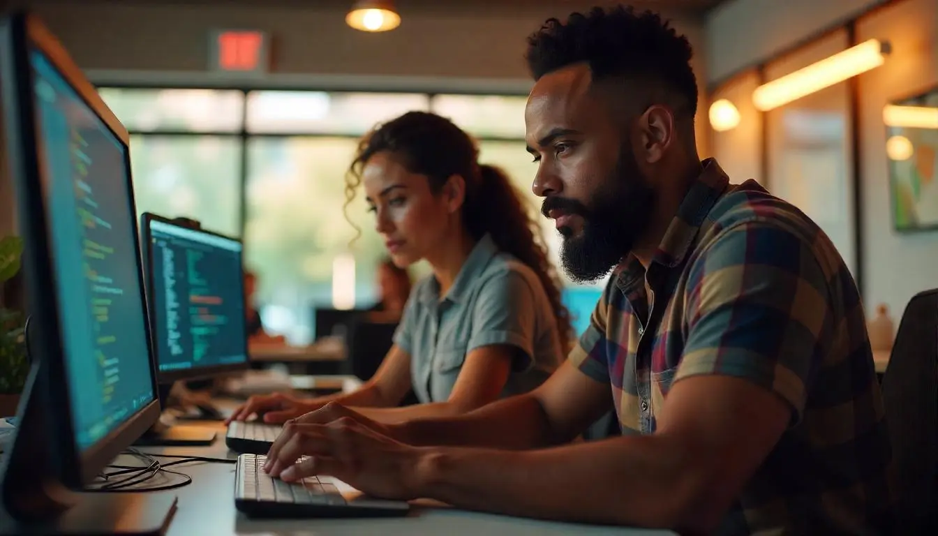 Deux ingénieurs en développement travaillant dans un open space sur leurs écrans de code affichant du langage informatique.