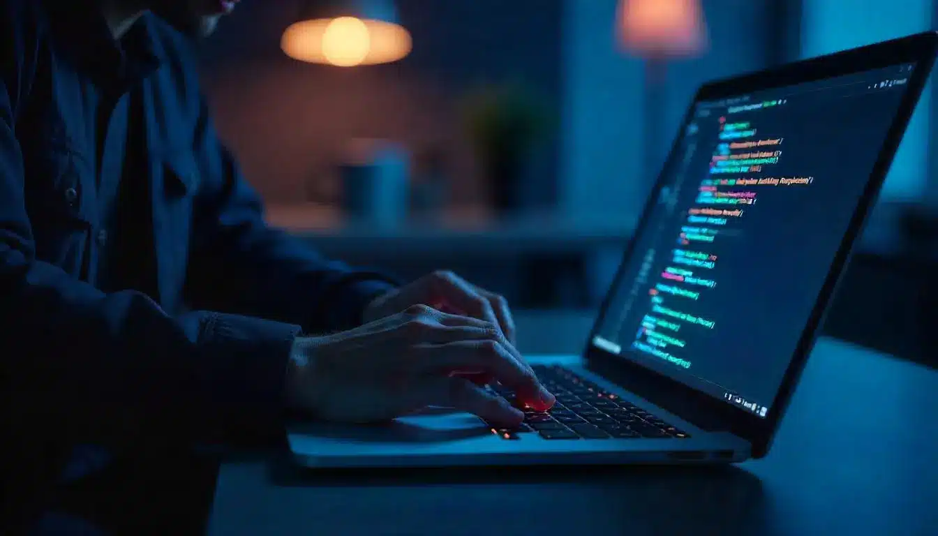 Zoom sur deux mains tapant sur un ordinateur dont l'écran affiche des lignes de code pour un langage informatique.