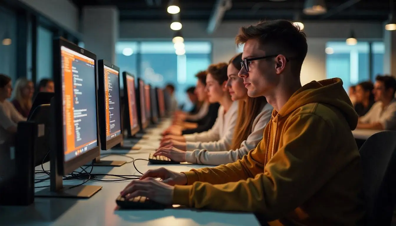 Salle de cours avec des apprenants s'exerçant sur des langages informatiques sur leurs ordinateurs.