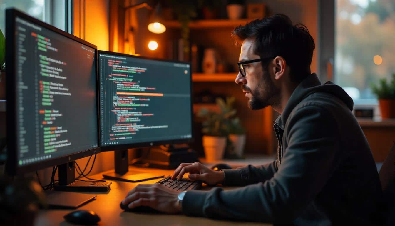 Software Engineer travaillant en remote depuis chez lui sur du langage informatique pour développer un logiciel.