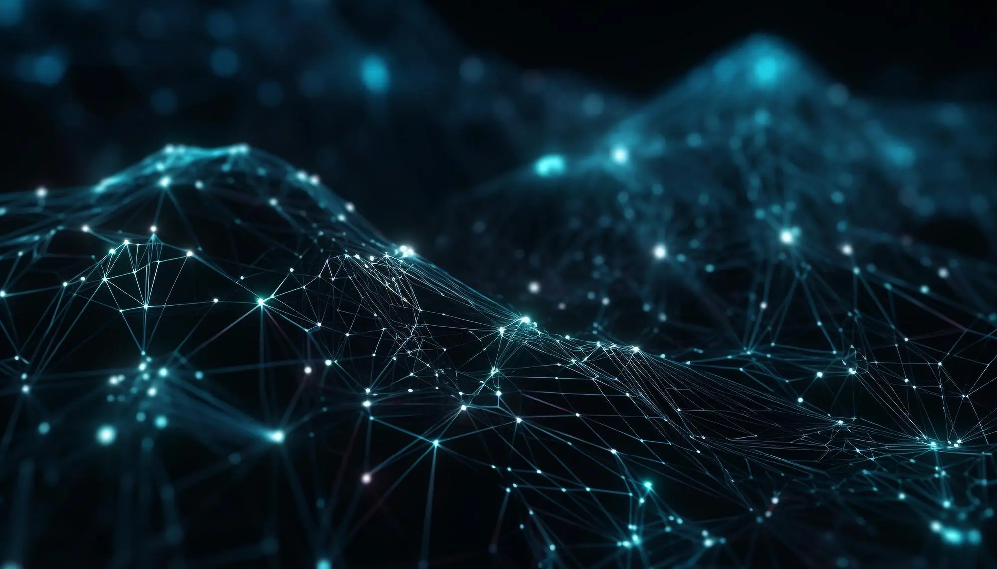 Réseau lumineux interconnecté sur fond galactique sombre, évoquant des structures moléculaires ou neuronales – visuel généré par intelligence artificielle, idéal pour illustrer les concepts de deep learning, de Midjourney AI ou de prompt engineering.