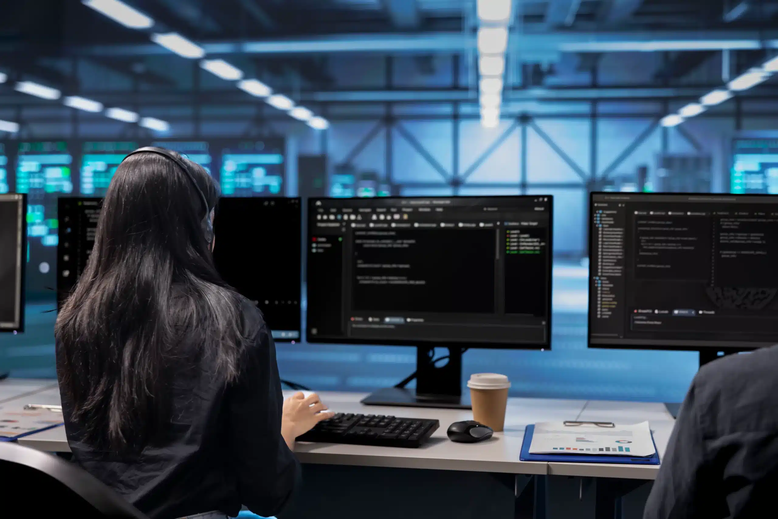 Une experte en cybersécurité surveille des systèmes informatiques sur plusieurs écrans dans un centre de supervision. Illustration du travail d’un CERT (Computer Emergency Response Team), une équipe spécialisée dans la détection et la réponse aux cyberattaques. CERT définition : une organisation chargée de la gestion des incidents de cybersécurité pour protéger les infrastructures critiques.