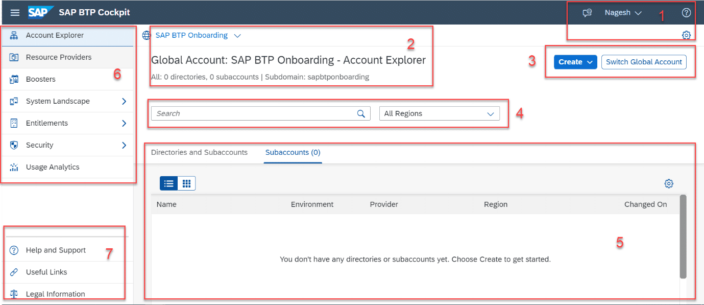 Capture d'écran de l'interface SAP BTP Cockpit montrant les options de navigation telles que l'explorateur de comptes, la création d'un nouveau compte global, et la gestion des sous-comptes et répertoires dans SAP BTP, avec des sections dédiées à l'analyse d'utilisation, à la sécurité, et aux informations d'assistance. Ce qui peut remplacer SAP Best Practices.