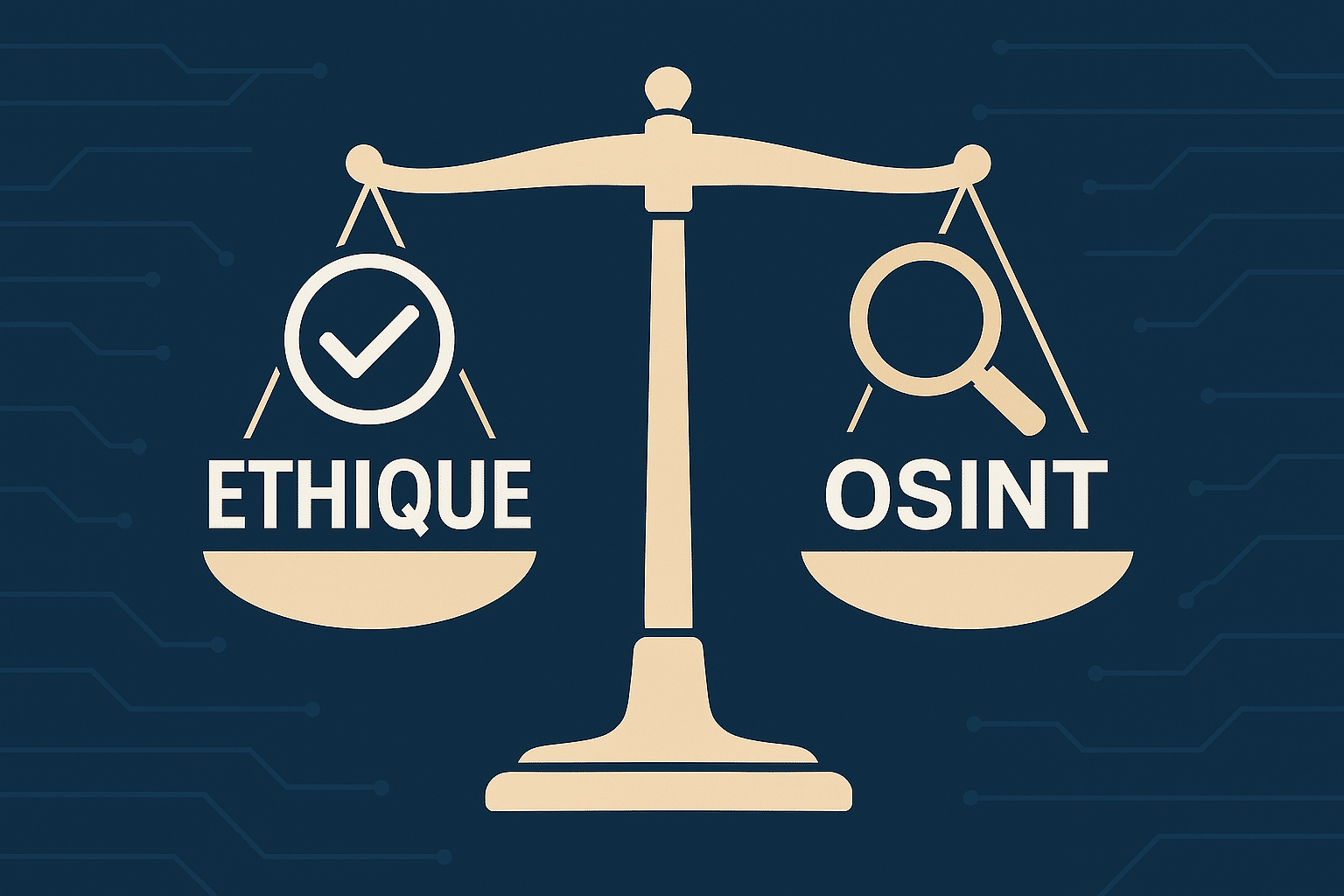 Illustration numérique d’une balance symbolisant l’équilibre entre l’éthique et l’OSINT, sur fond technologique bleu, représentant les enjeux de responsabilité dans le renseignement open source.