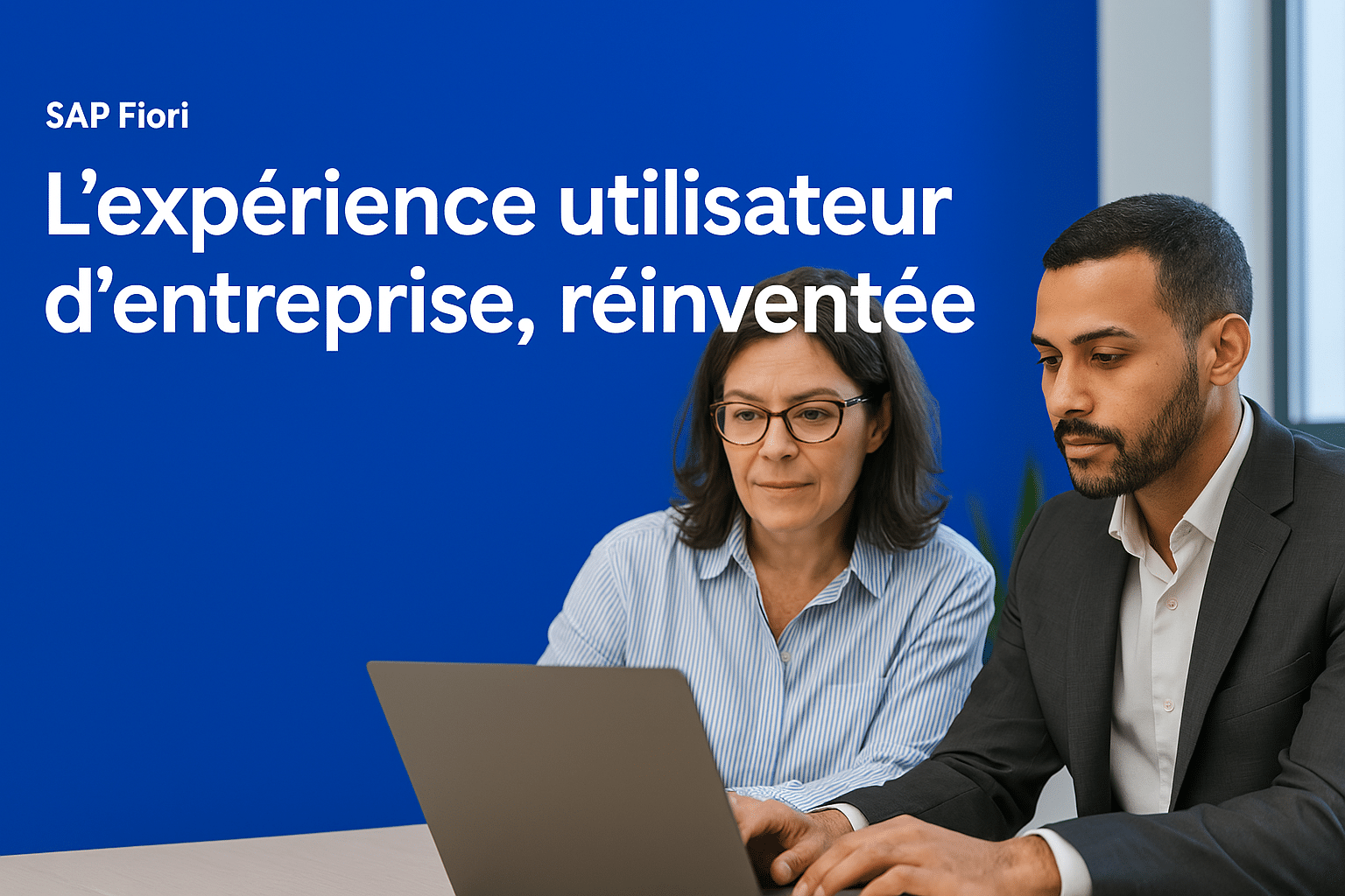 Deux experts en transformation digitale collaborant sur SAP Fiori, montrant l'interface utilisateur moderne et réactive.