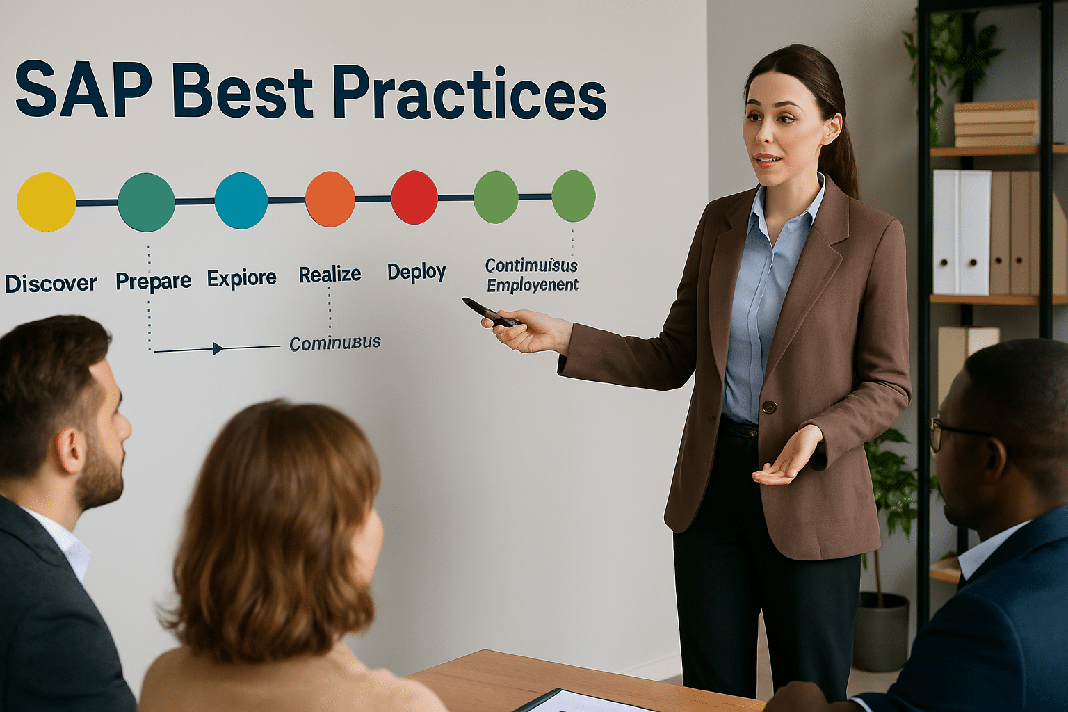Consultante SAP présentant un roadmap détaillé des SAP Best Practices à une équipe de collaborateurs dans un bureau moderne, avec une typographie 'SAP Best Practices' à gauche de l'image, mettant en lumière les étapes clés du processus SAP sur un tableau blanc interactif.