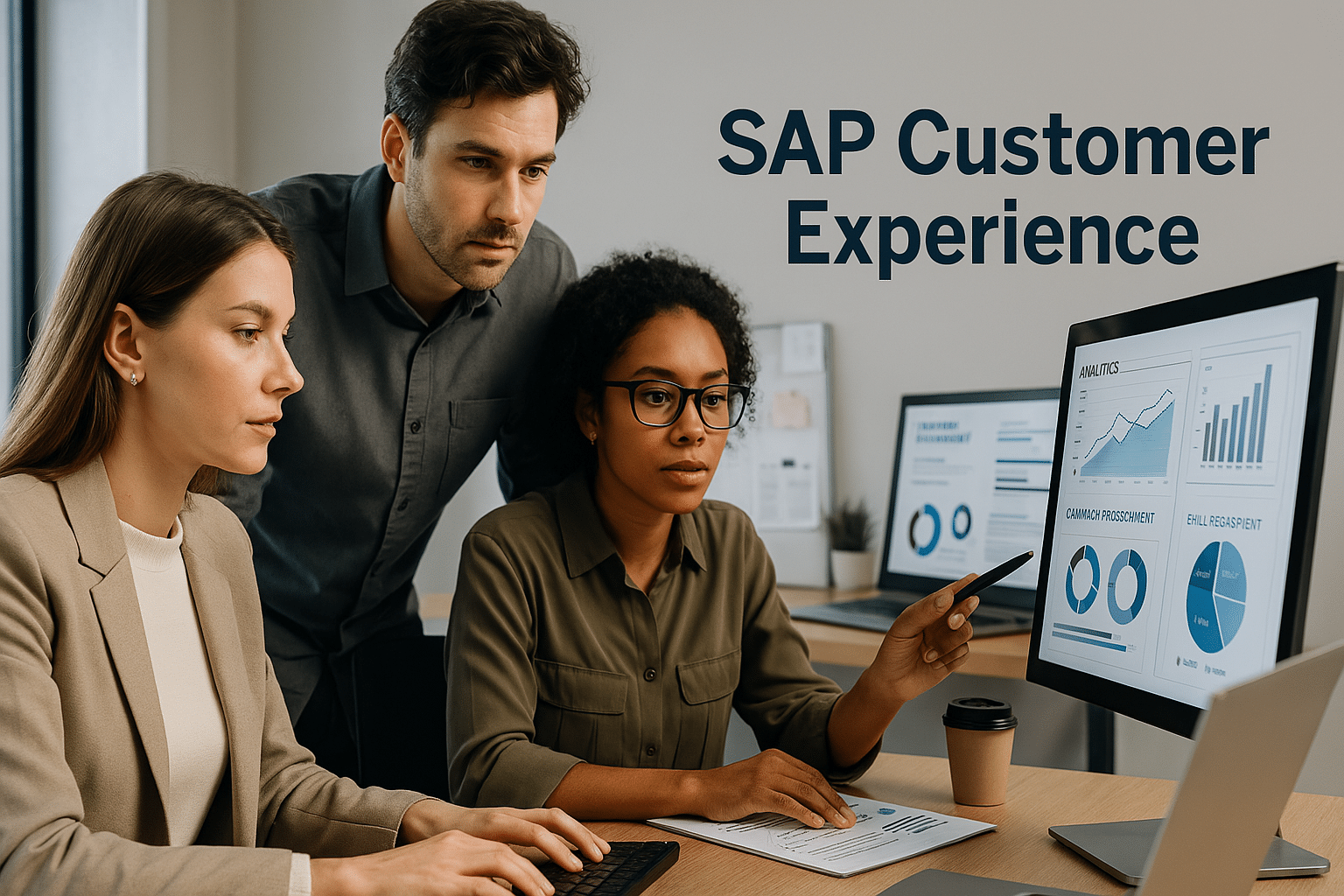 Image ultra réaliste montrant trois professionnels du marketing travaillant sur une campagne SAP Customer Experience dans un bureau moderne et lumineux. La scène inclut une femme caucasienne tapant sur un ordinateur, un homme étudiant un écran et une femme afro-américaine interagissant avec un autre affichage, avec le texte 'SAP Customer Experience' visible sur le mur.