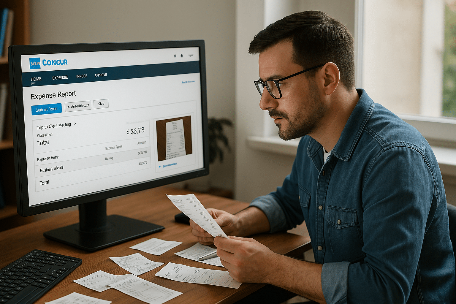 Un homme travaillant dans un bureau à domicile, examinant un rapport de dépenses sur SAP Concur sur son ordinateur, avec des reçus et un stylo en main.
