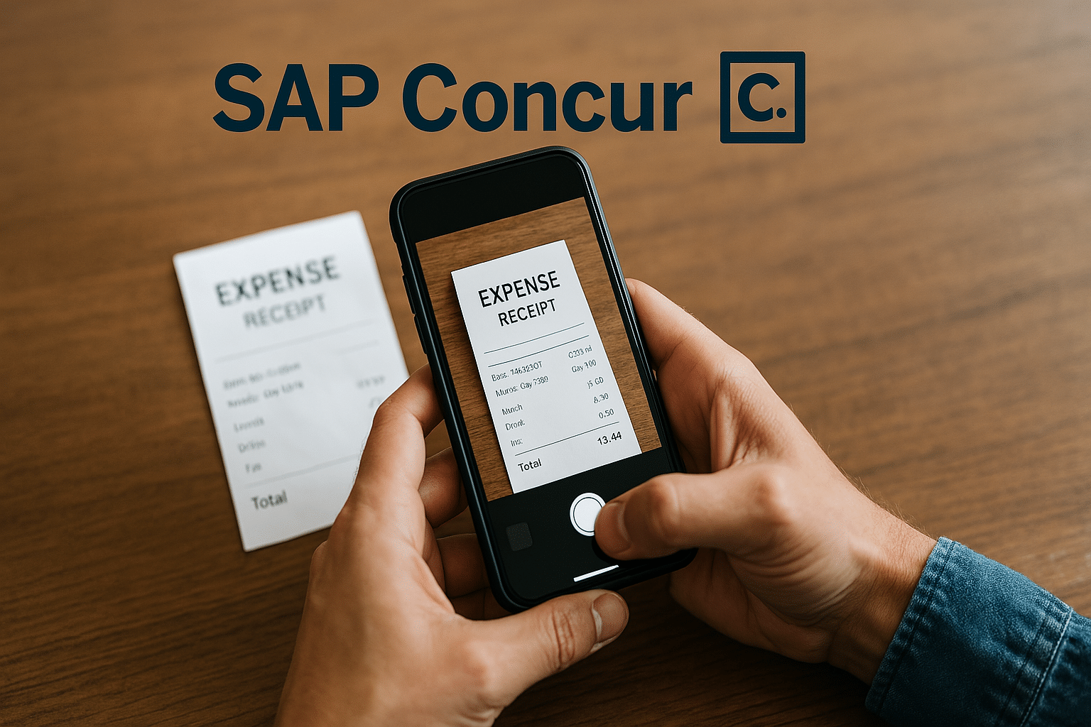 Une personne photographie une note de frais avec son smartphone, posé sur une surface en bois. Le logo "SAP Concur" apparaît en haut de l'image, centré.