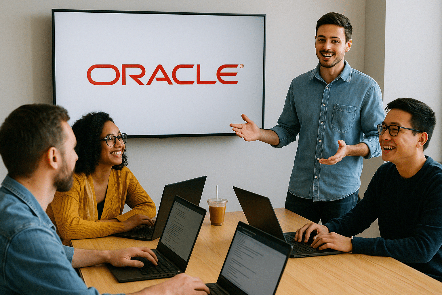 Trois apprenants installés dans une salle de cours avec leurs ordinateurs, un intervenant les accompagne pour une formation Oracle.