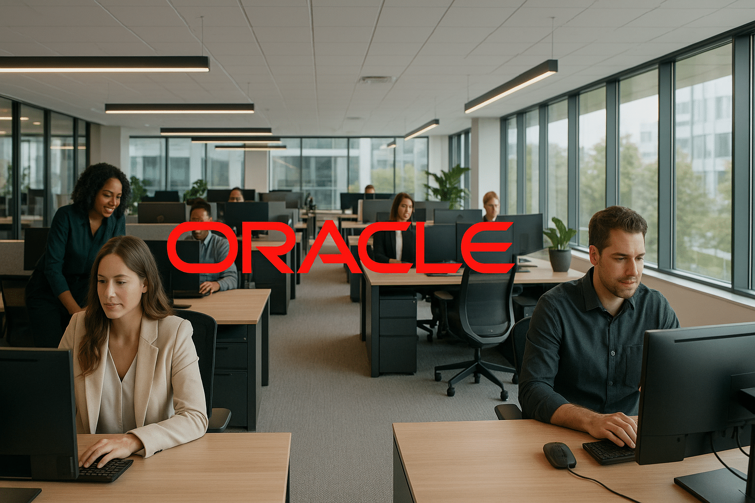 Bureaux modernes avec des employés concentrés devant leurs ordinateurs, illustrant un environnement de travail technologique et collaboratif à l'image d'Oracle entreprise.