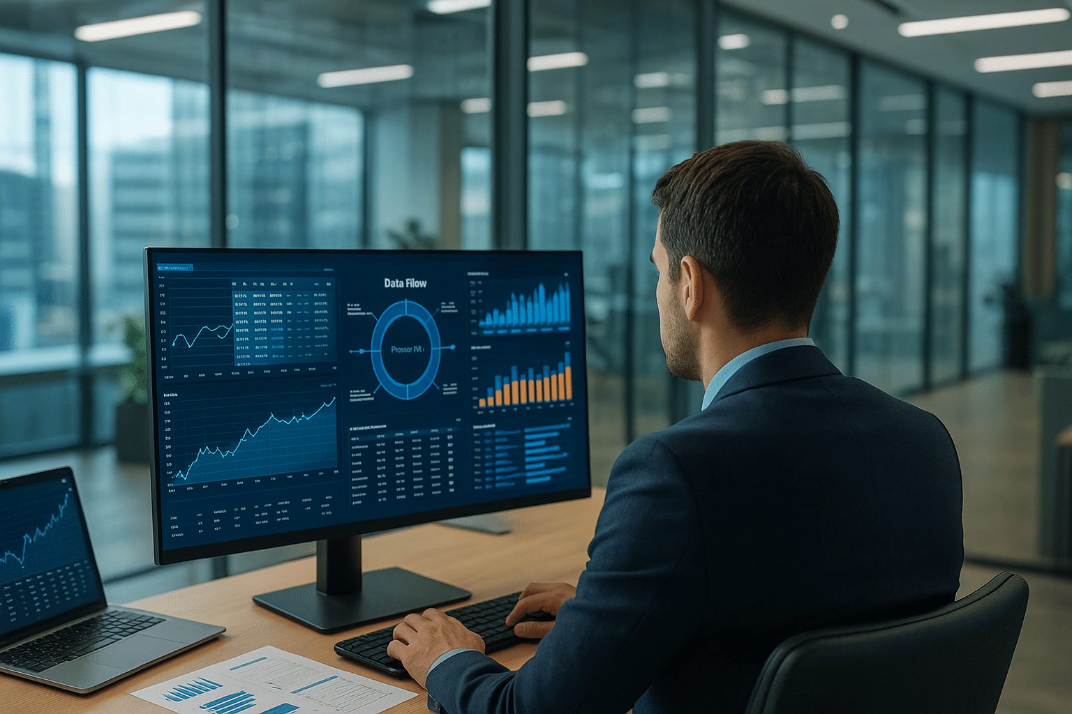 Consultant SIRH analysant des flux de données sur écran, de dos, dans un bureau moderne et lumineux.