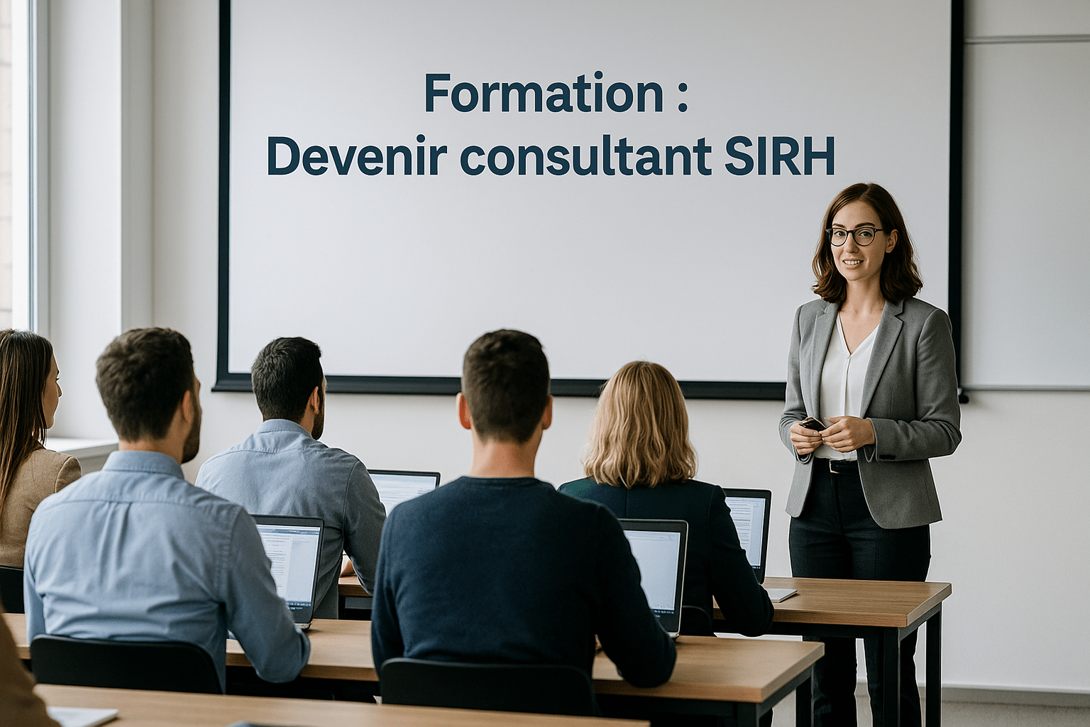 Formation en salle pour devenir Consultant SIRH, avec des participants attentifs et le titre complet affiché à l’écran.