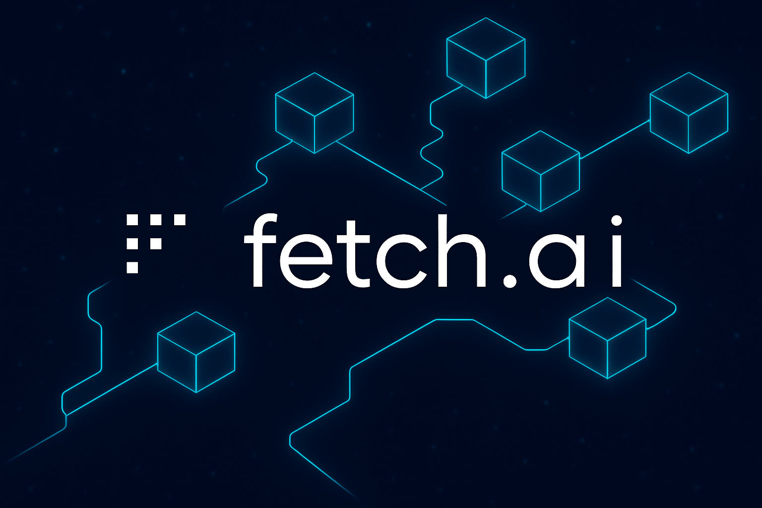 Logo de Fetch.ai affiché au centre d’un fond sombre futuriste, avec des cubes connectés par des lignes néon bleues symbolisant un réseau blockchain. Le logo comprend une grille 3x3 de carrés blancs à gauche et le texte "fetch.ai" en lettres minuscules blanches au centre.