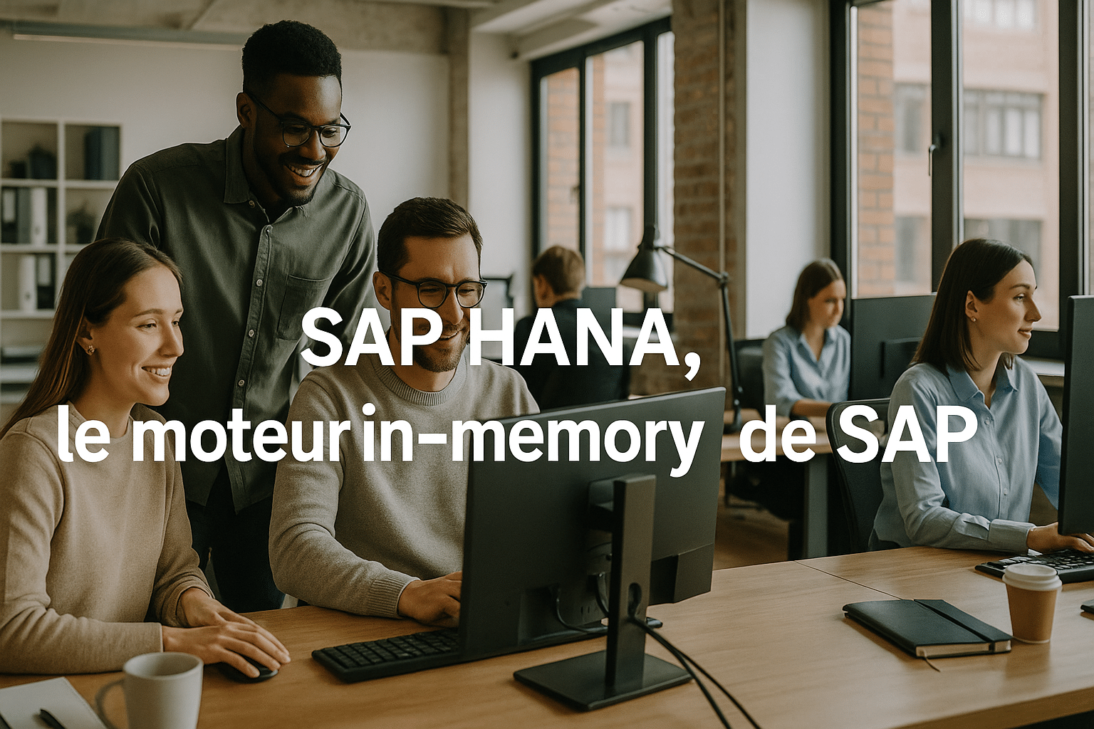 Un groupe d’employés souriants travaille dans un bureau moderne, lumineux et chaleureux, avec de grandes fenêtres laissant entrer la lumière naturelle. Au centre de l’image, une typographie blanche en gras affiche le texte : « SAP HANA, le moteur in-memory de SAP ».