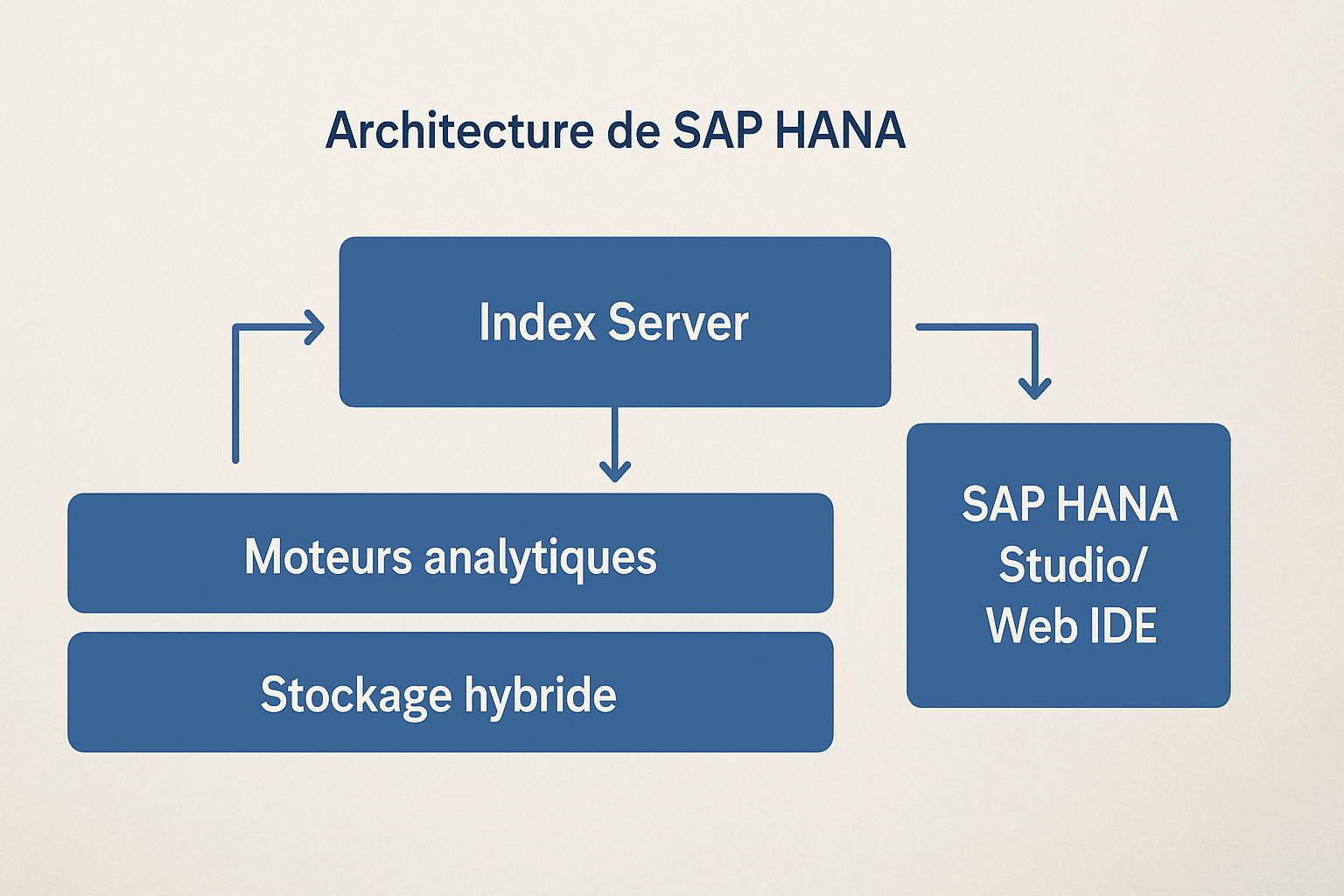 Schéma illustrant l’architecture de SAP HANA sous forme de blocs connectés. Au centre, le **Index Server** occupe une position clé, relié par des flèches aux composants suivants : **Moteurs analytiques**, **Stockage hybride**, **SAP HANA Studio/Web IDE**. Le fond est clair et épuré, avec une typographie lisible et des boîtes bleues représentant chaque module. Le diagramme met en évidence l’interconnexion des composants essentiels du système SAP HANA.