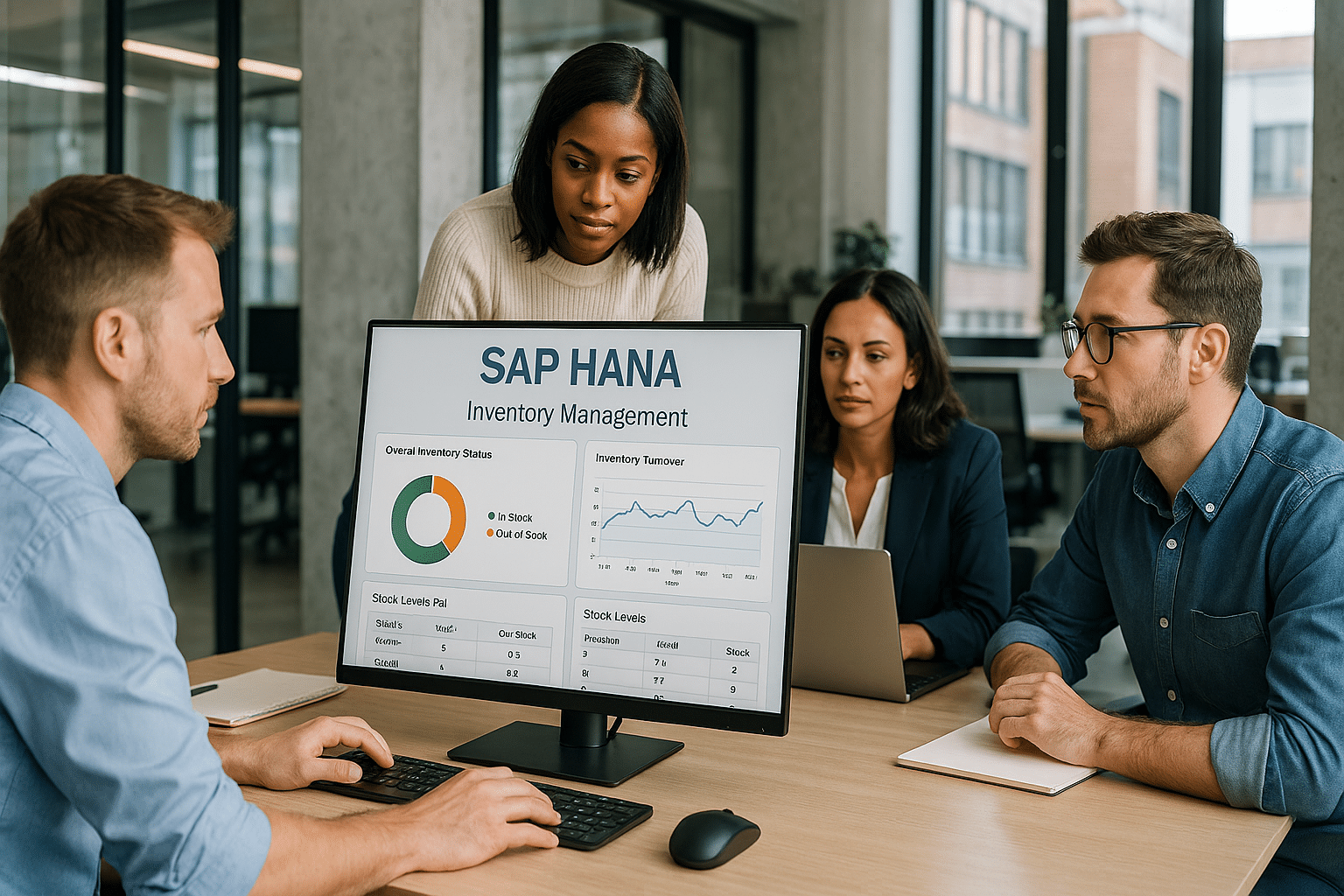 Photo ultra réaliste d’employés dans un bureau moderne utilisant SAP HANA pour la gestion des stocks. Quatre personnes sont rassemblées autour d’un grand écran affichant un tableau de bord SAP HANA avec des graphiques en temps réel sur les niveaux de stock, l’état des inventaires et la rotation des produits. L’environnement est lumineux, avec de grandes fenêtres, un mobilier sobre et une ambiance professionnelle.