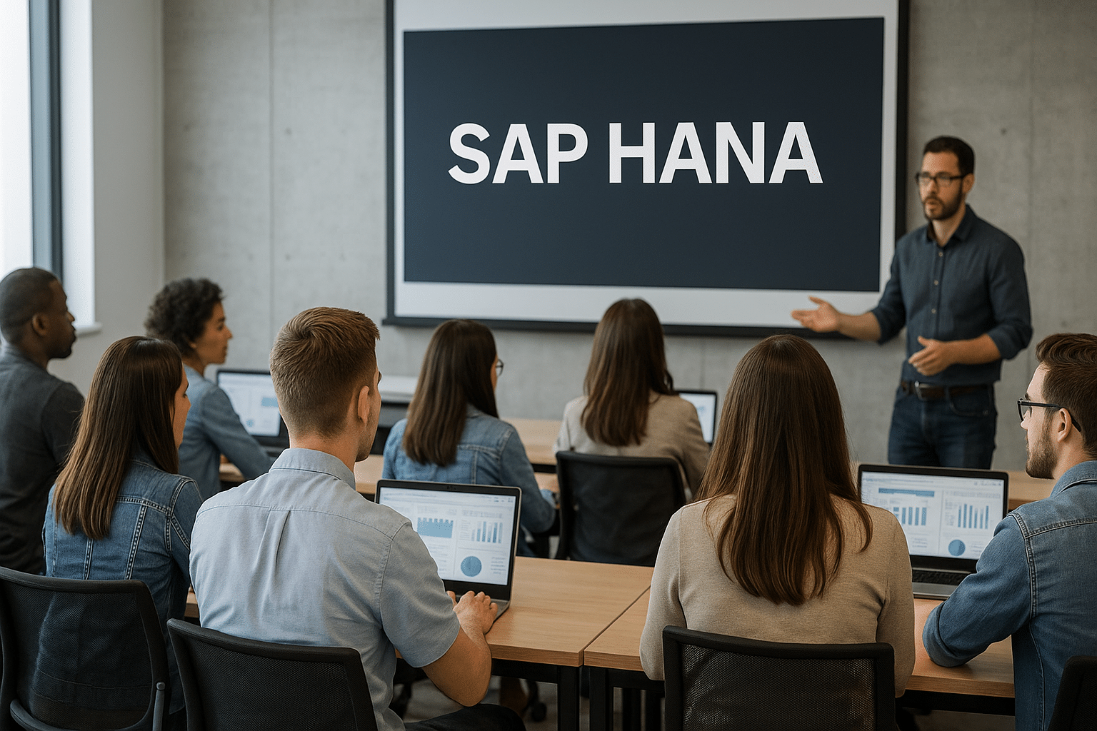 Photo ultra réaliste d’un workshop de formation à SAP HANA dans une salle moderne. Un formateur se tient debout devant un grand écran affichant 